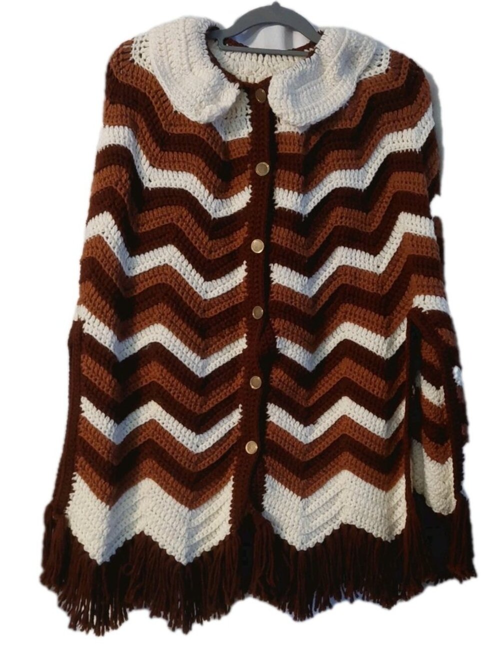 Handmade Crochet Women Size Small Medium Poncho Cape Cardigan Knit Brown Cream